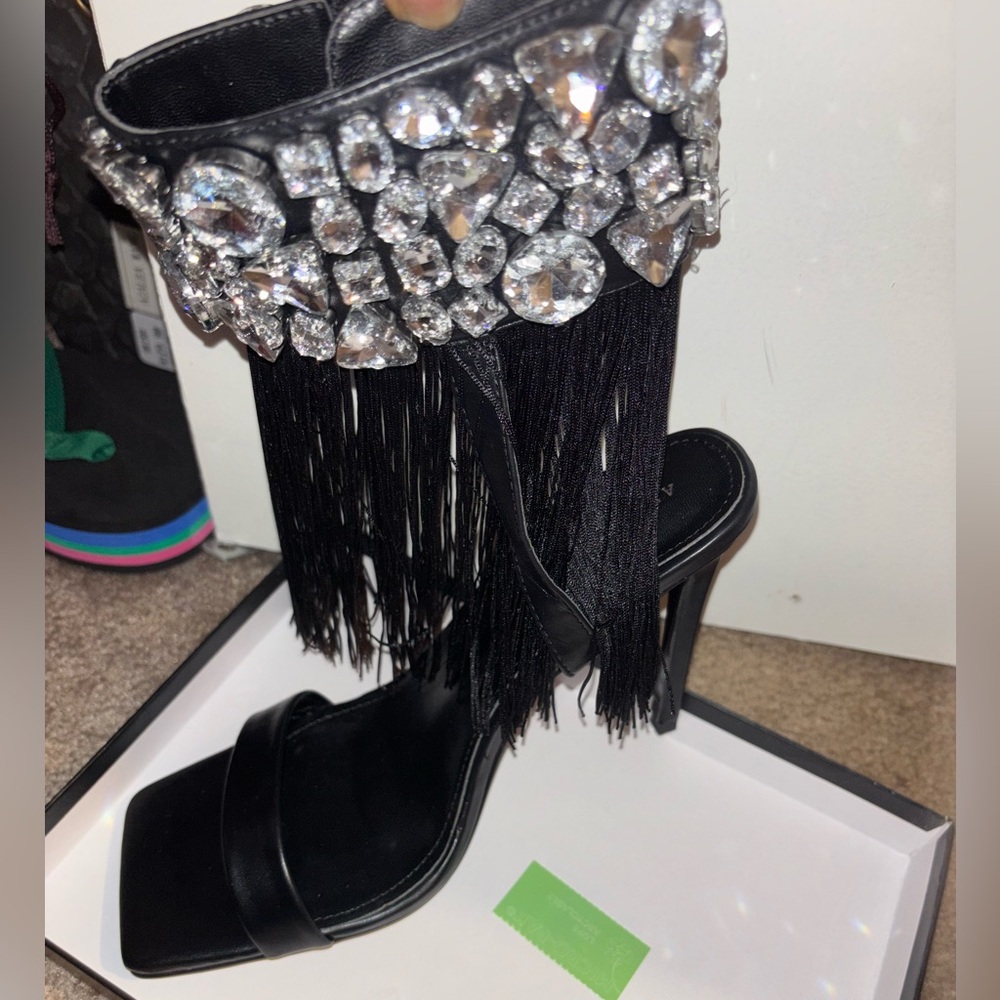 Black Crystal Fringe Ankle-Strap High Heel Sandals